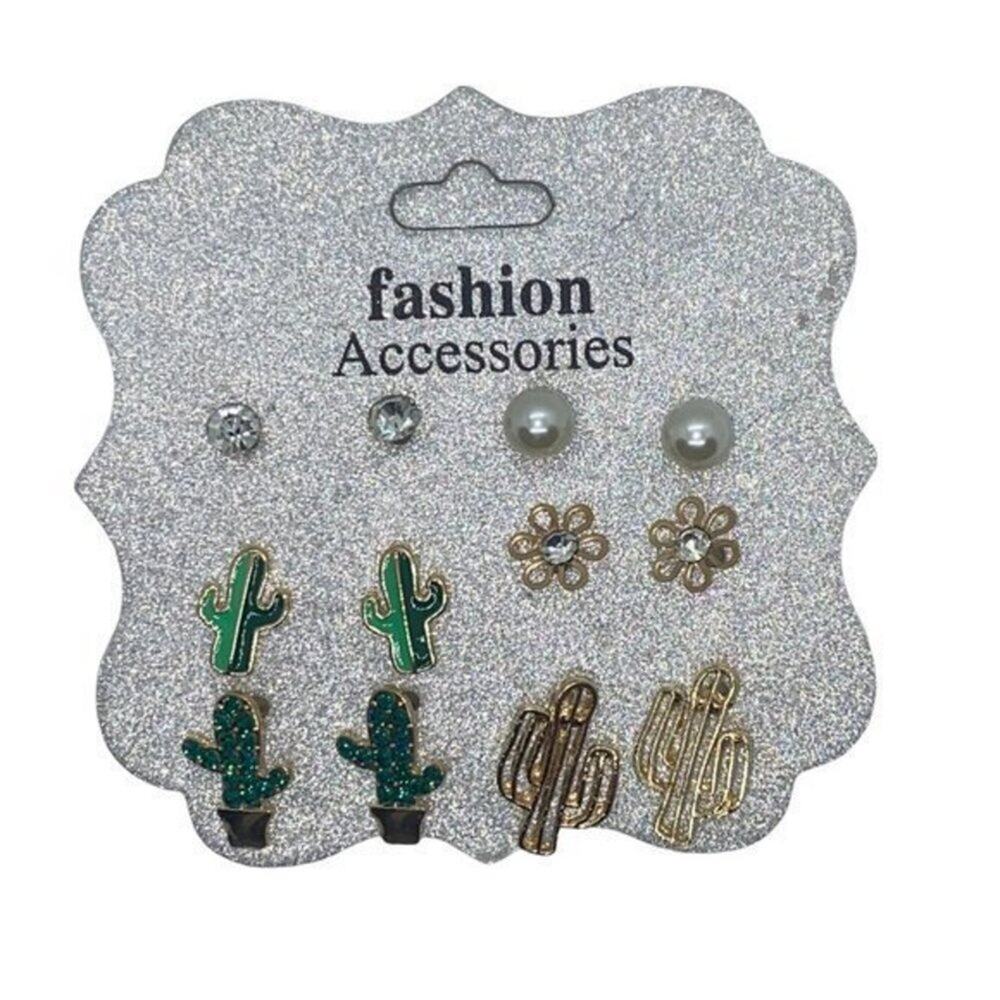 NWT 6-Pack Gold-Tone Green Cactus Rhinestone Pearl Earrings